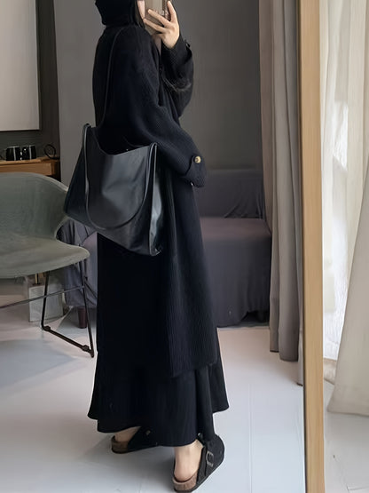 Vzyzv Elegant Open Front Solid Cardigan, Long Sleeve Midi Length Cardigan For Fall & Winter, Women's Clothing