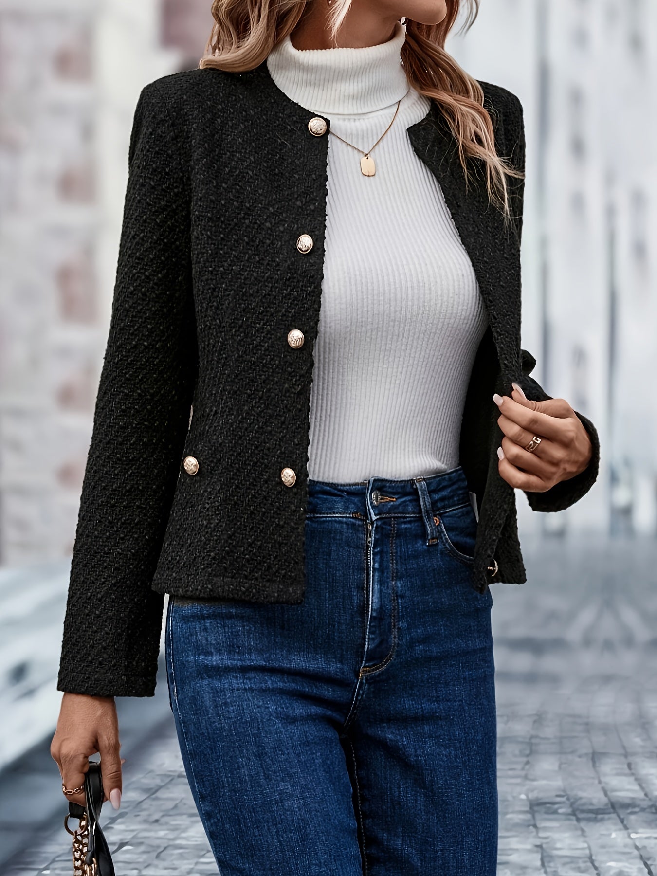 Vzyzv Solid Single Breasted Jacket, Elegant Long Sleeve Outwear For Fall & Winter, Women's Clothing
