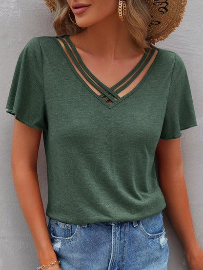 Vzyzv Criss Cross V Neck T-shirt, Casual Short Sleeve Summer Simple T-shirt, Women's Clothing