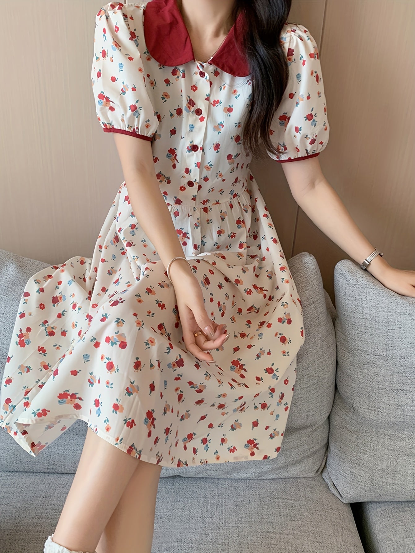 Vzyzv Floral Print Collared Dress, Elegant Short Sleeve Dress For Spring & Summer, Women's Clothing