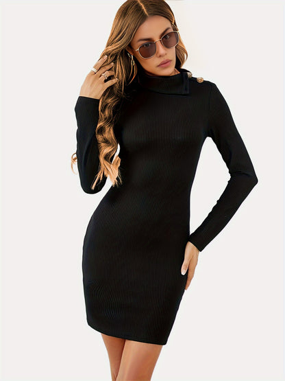 VzyzvSolid Turtleneck Bodycon Dress, Elegant Long Sleeve Dress, Women's Clothing