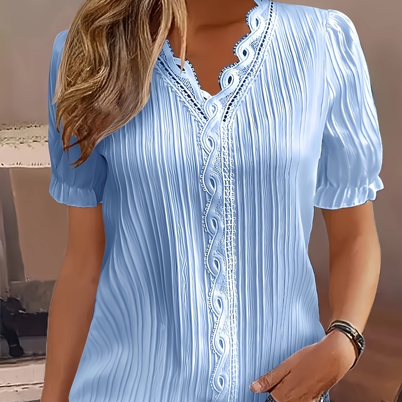 Vzyzv Vzyzv Romildi Romildi Romildi Lace Trim Solid Blouse, Elegant V-neck Short Sleeve Blouse, Women's Clothing