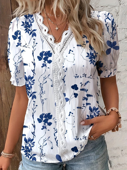 Vzyzv Floral Print Contrast Lace Blouse, Casual V Neck Short Sleeve Summer Blouse, Women's Clothing