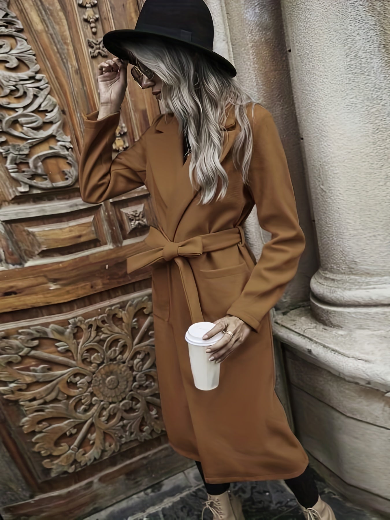 Vzyzv Solid Long Length Trench Coat, Elegant Long Sleeve Versatile Outerwear, Women's Clothing