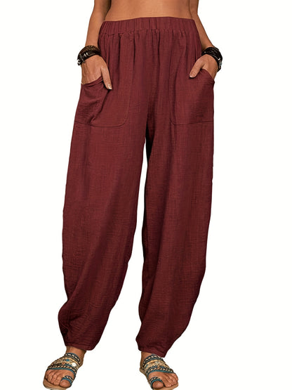 Vzyzv Elastic High Waist Harem Pants, Casual Pocket Pants For Spring & Summer, Women's Clothing