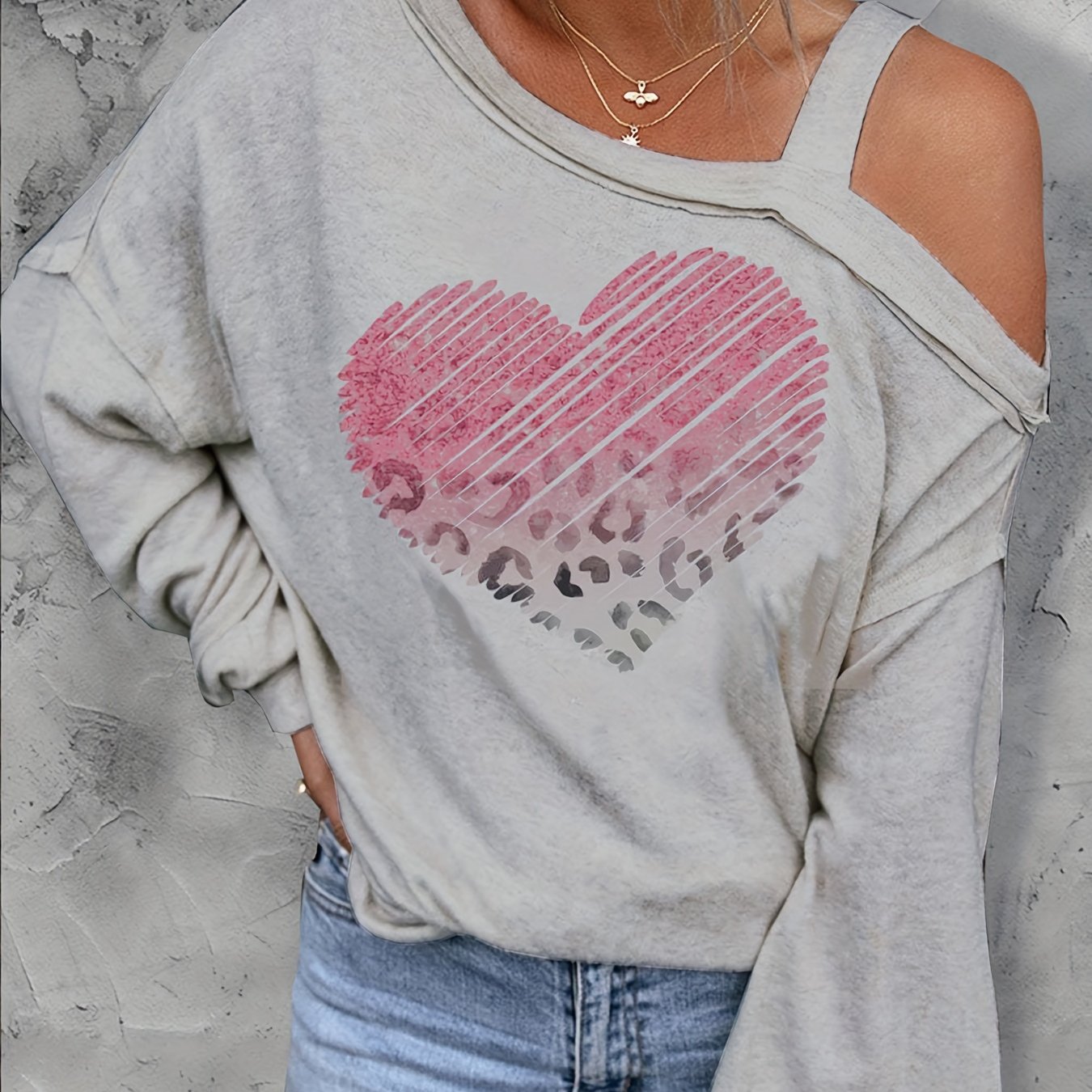 Vzyzv Heart Print One Shoulder Tee, Sexy Long Sleeve T-shirt,, Women's Clothing