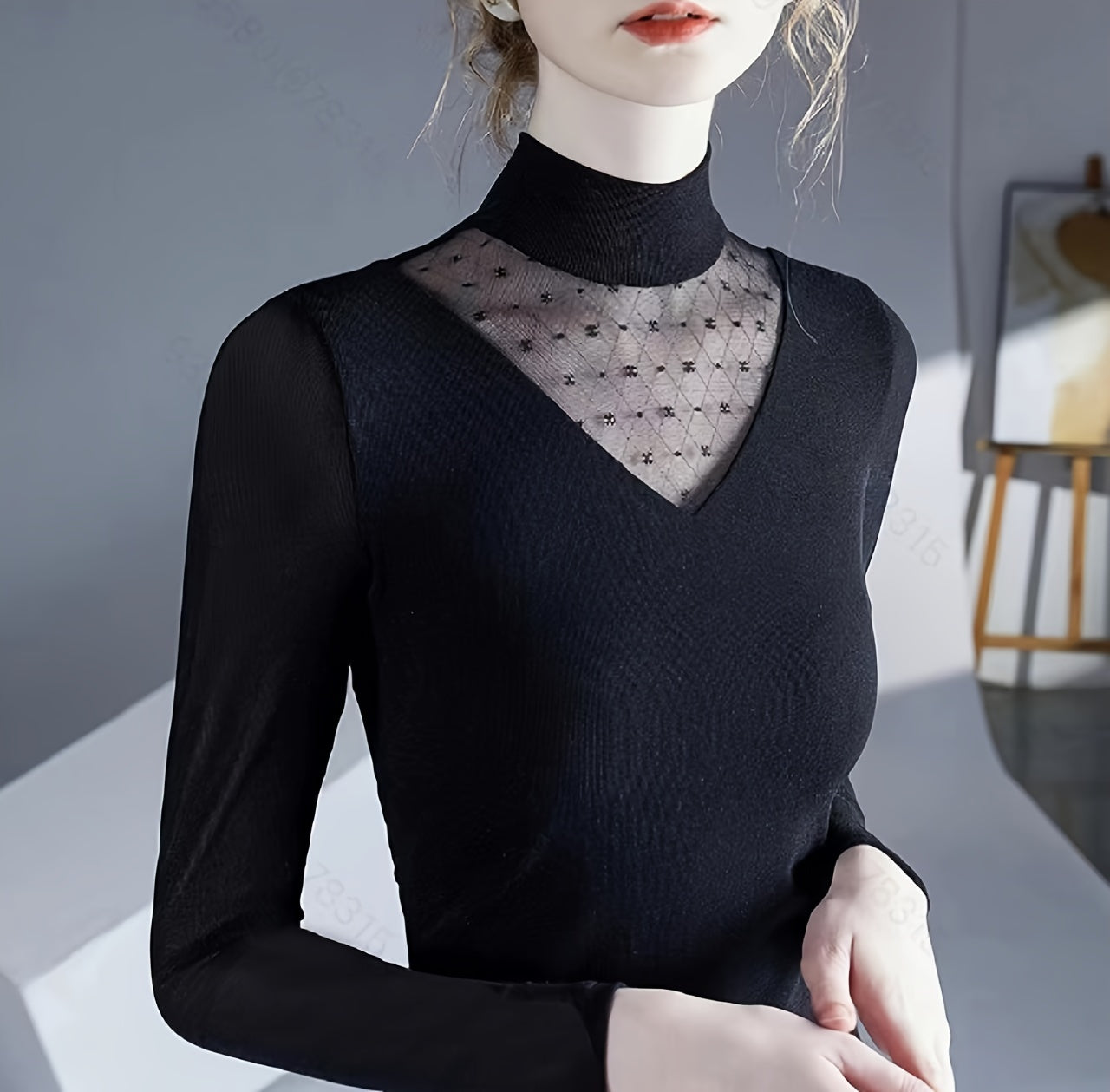 Vzyzv Contrast Mesh Mock Neck Knitted Top, Elegant Long Sleeve Slim Sweater, Women's Clothing