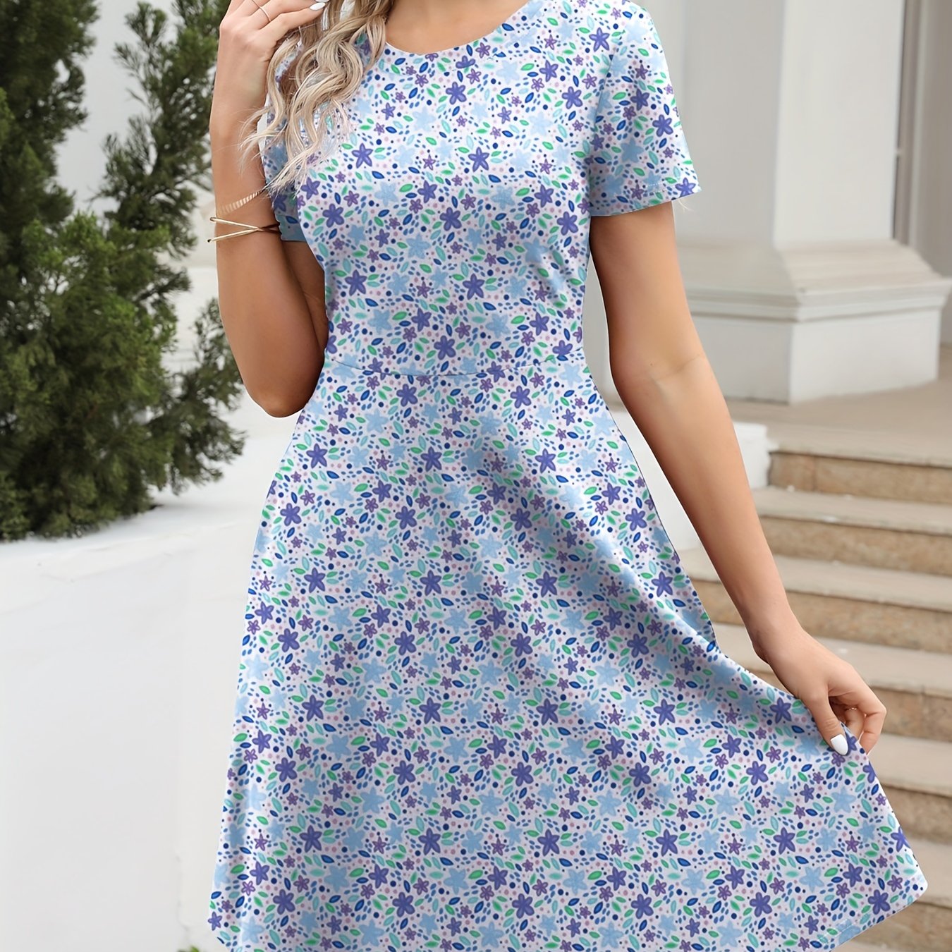 Vzyzv Floral Print Crew Neck Dress, Vintage Short Sleeve Dress For Spring & Summer, Women's Clothing