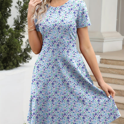 Vzyzv Floral Print Crew Neck Dress, Vintage Short Sleeve Dress For Spring & Summer, Women's Clothing