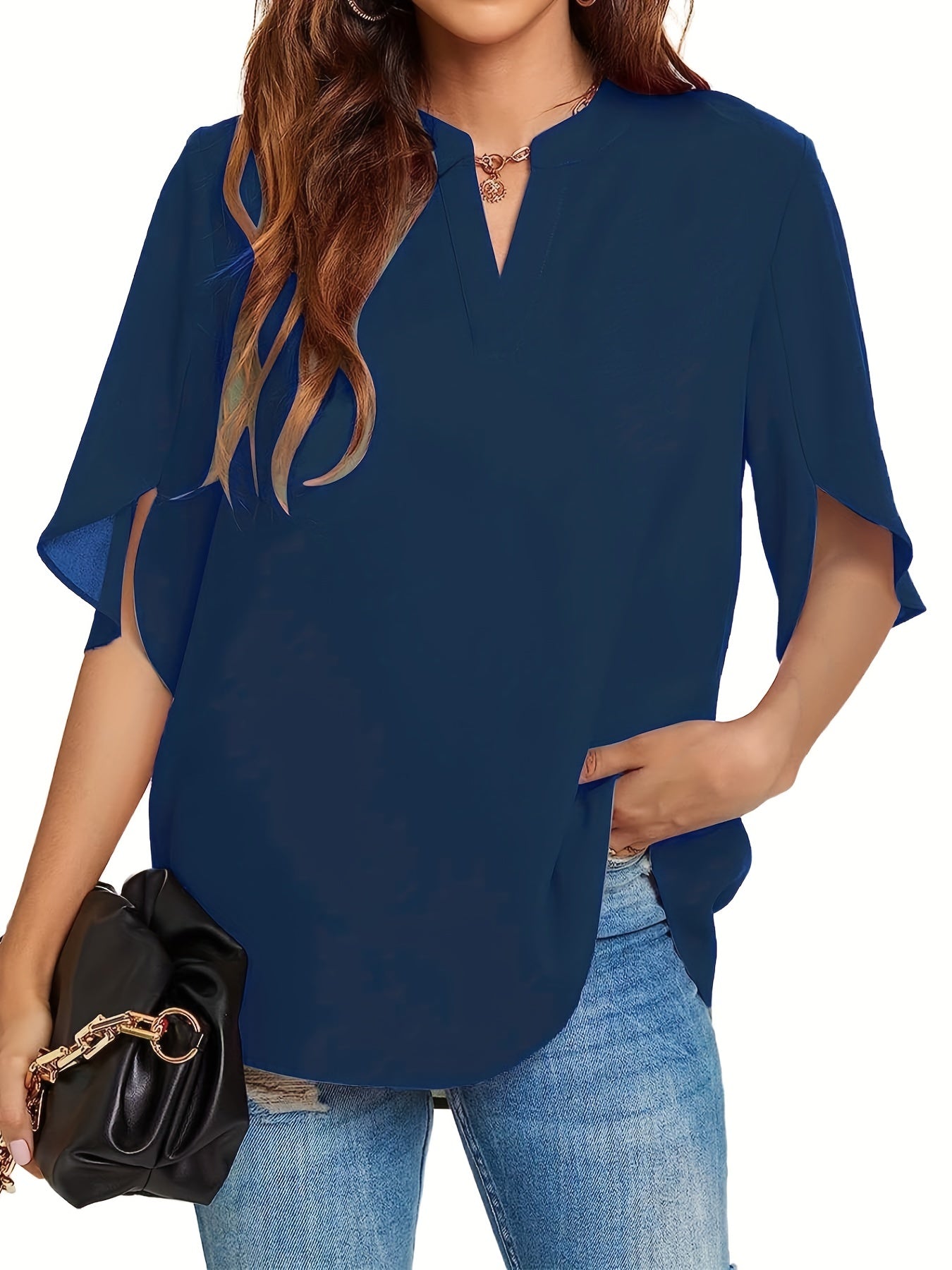 Vzyzv Solid Simple Blouse, Casual V Neck Split Sleeve Blouse For Spring & Fall, Women's Clothing