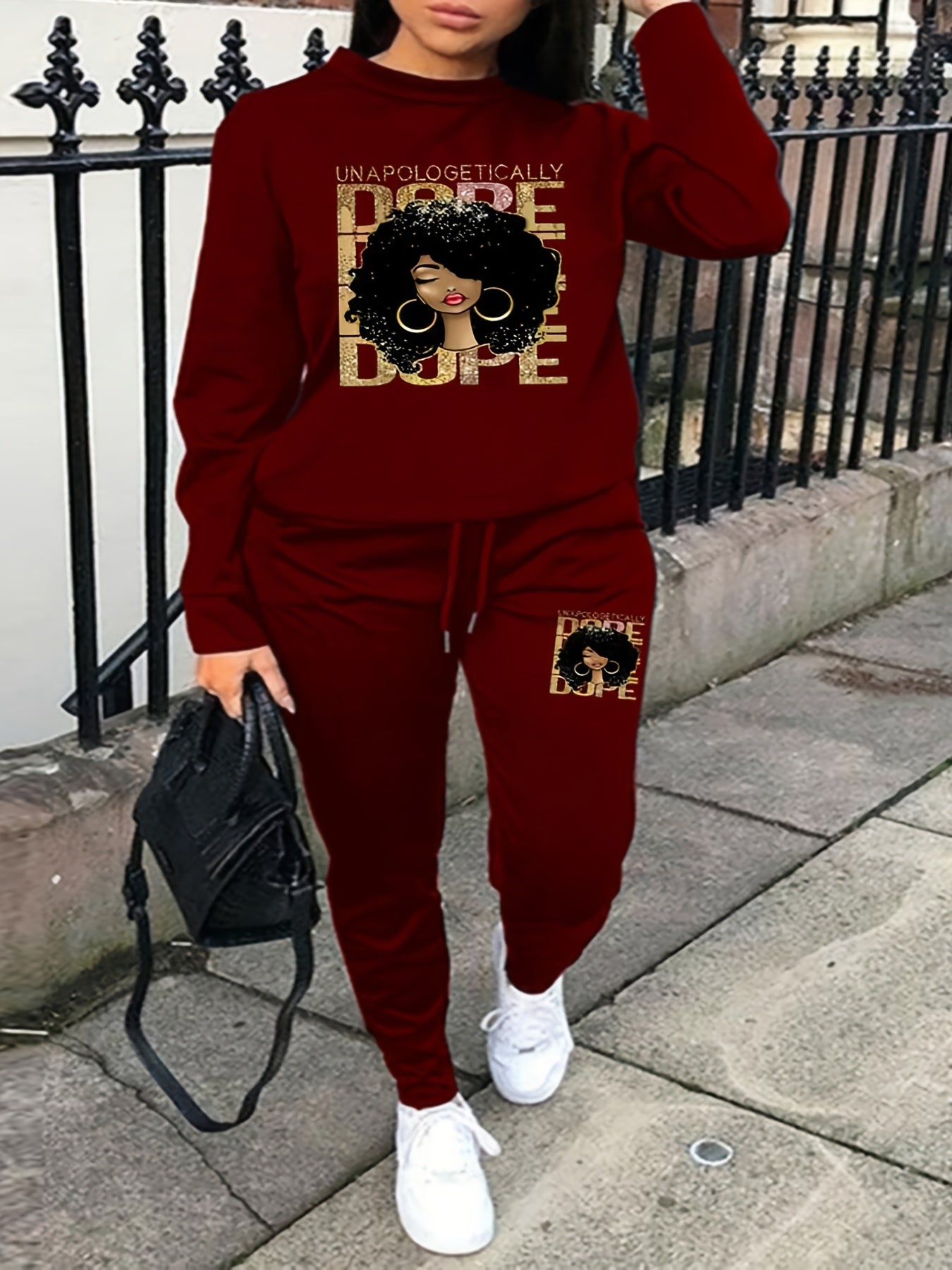 Vzyzv Plus Size Figure Print Sweatshirt & Drawstring Sweatpants Set, Women's Plus Slight Stretch Casual 2pcs Set Outfits