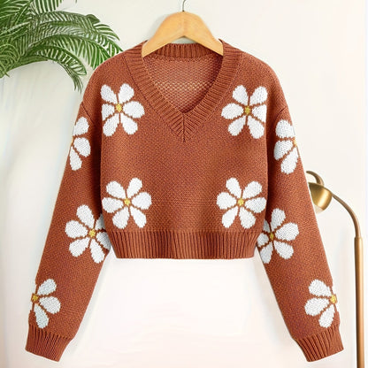 Vzyzv Floral Jacquard Girls Drop Shoulder V-neck Knitted Sweater For Fall Winter