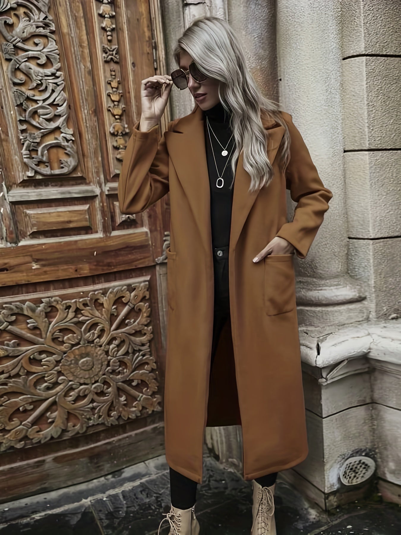 Vzyzv Solid Long Length Trench Coat, Elegant Long Sleeve Versatile Outerwear, Women's Clothing