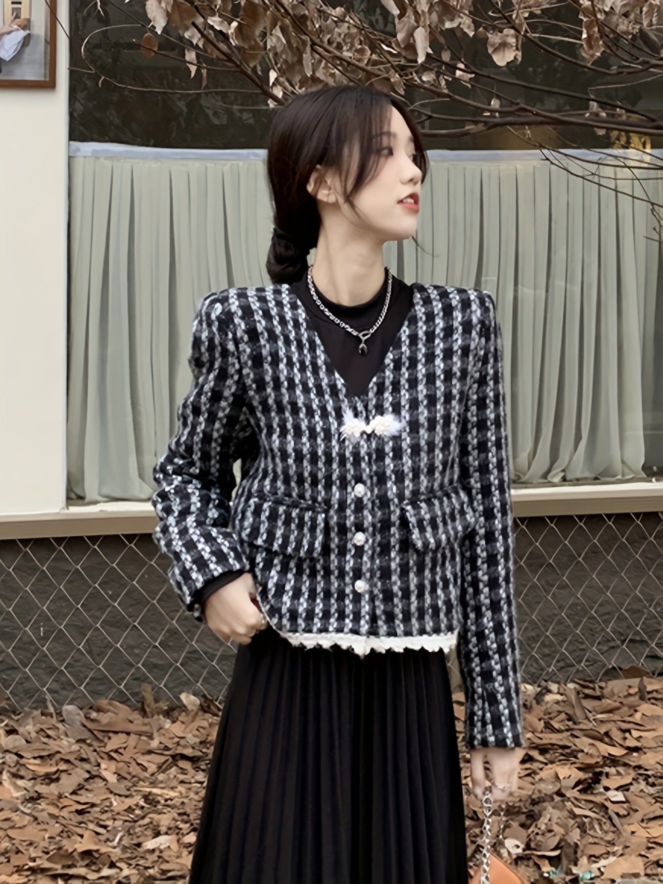 Vzyzv Plaid Pattern V Neck Jacket, Casual Button Front Long Sleeve Outerwear, Women's Clothing