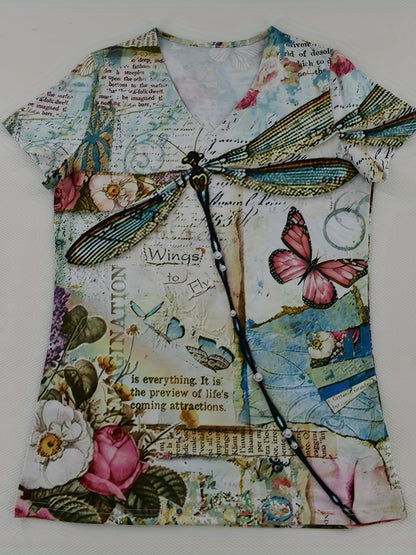 Romildi Vzyzv Dragonfly Print T-Shirt, Short Sleeve V Neck Random Print Casual Top For Summer & Spring, Women's Clothing