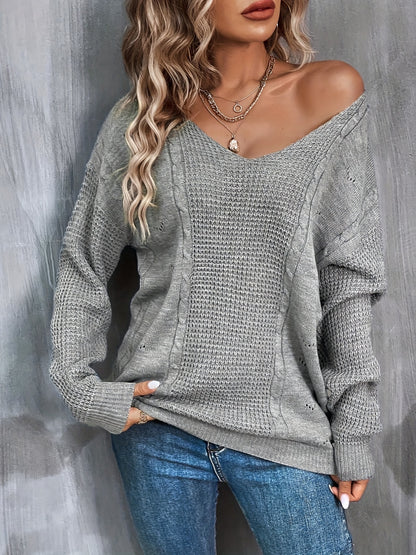 Vzyzv Solid V Neck Pullover Sweater, Casual Long Sleeve Loose Sweater, Women's Clothing