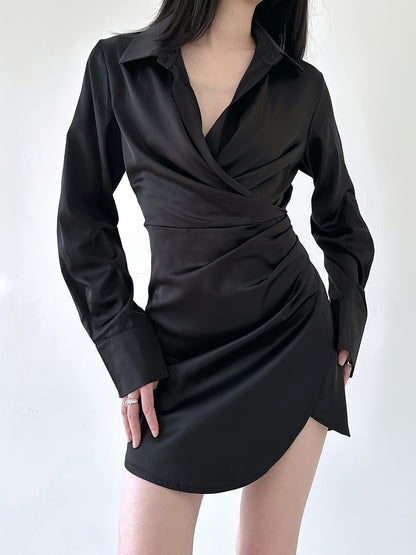 Vzyzv Solid V-neck Ruched Asymmetrical Dress, Elegant Long Sleeve Slim Dress For Spring & Fall, Women's Clothing
