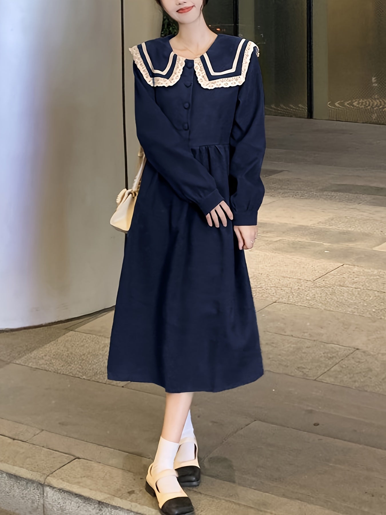 Vzyzv Contrast Trim Sailor Collar Belted Dress, Preppy Long Sleeve Ruffle Hem Aline Dress For Spring & Fall, Women's Clothing