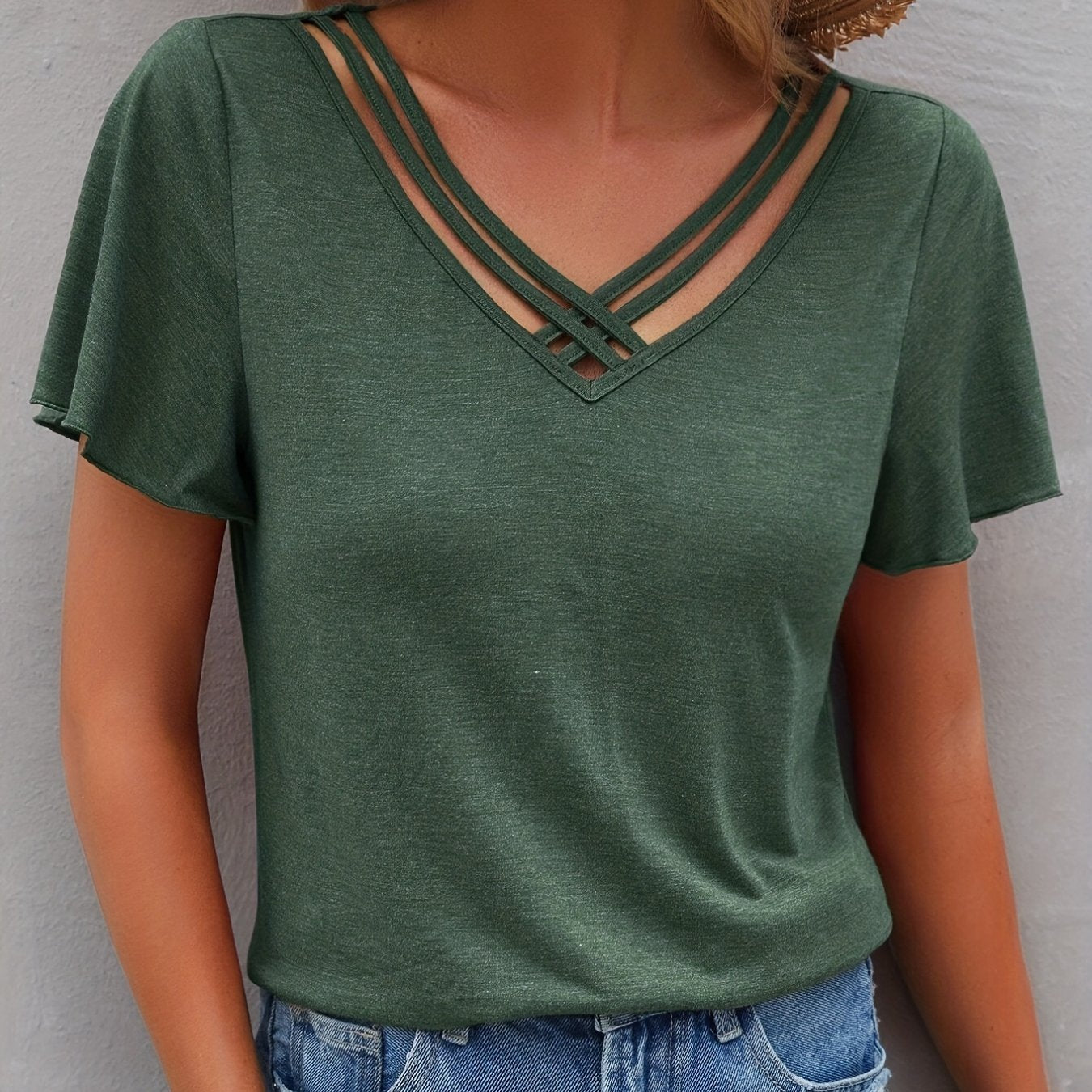 Vzyzv Criss Cross V Neck T-shirt, Casual Short Sleeve Summer Simple T-shirt, Women's Clothing