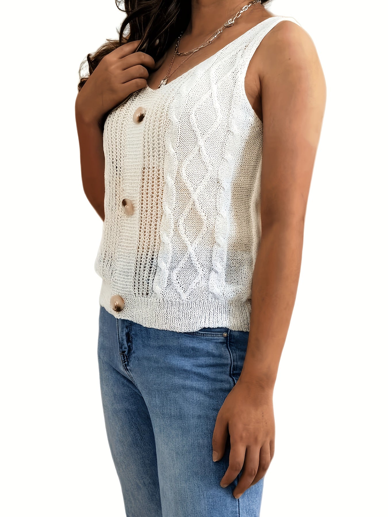 Vzyzv Button Cable Knit Tank Top, Casual V-neck Sleeveless Tank Top For Summer, Women's Clothing