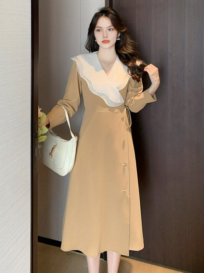 Vzyzv Ruffle Trim Surplice Neck Dress, Elegant Long Sleeve Solid Dress, Women's Clothing