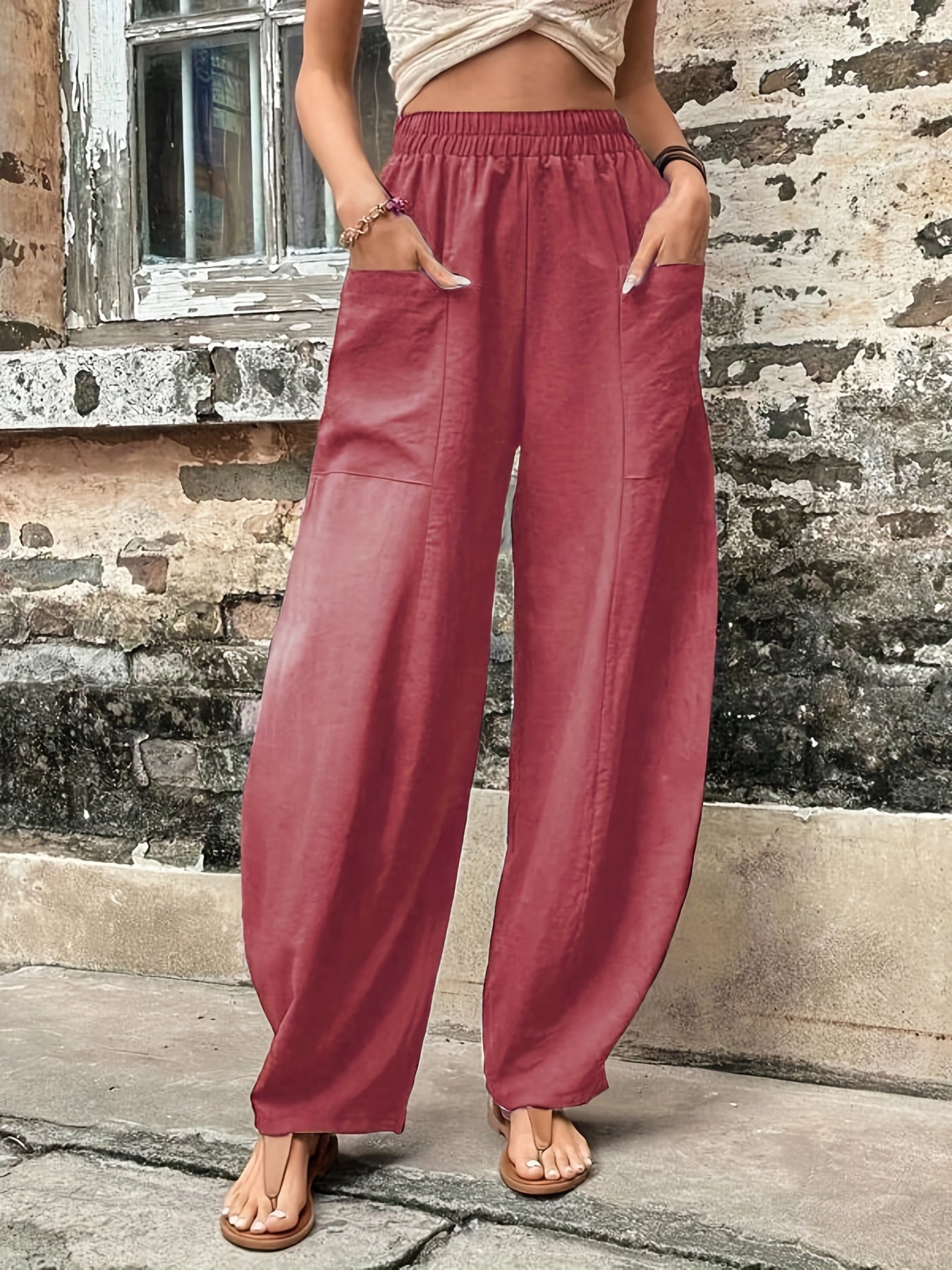 Vzyzv Boho Solid Elastic Waist Harem Pants, Casual Long Length Baggy Pants With Pockets For Spring & Summer, Women's Clothing