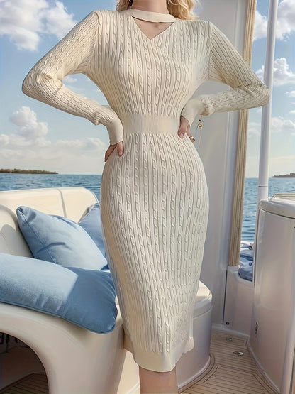 Vzyzv Keyhole Sweater Dress, Elegant Long Sleeve Split Bodycon Dress, Women's Clothing