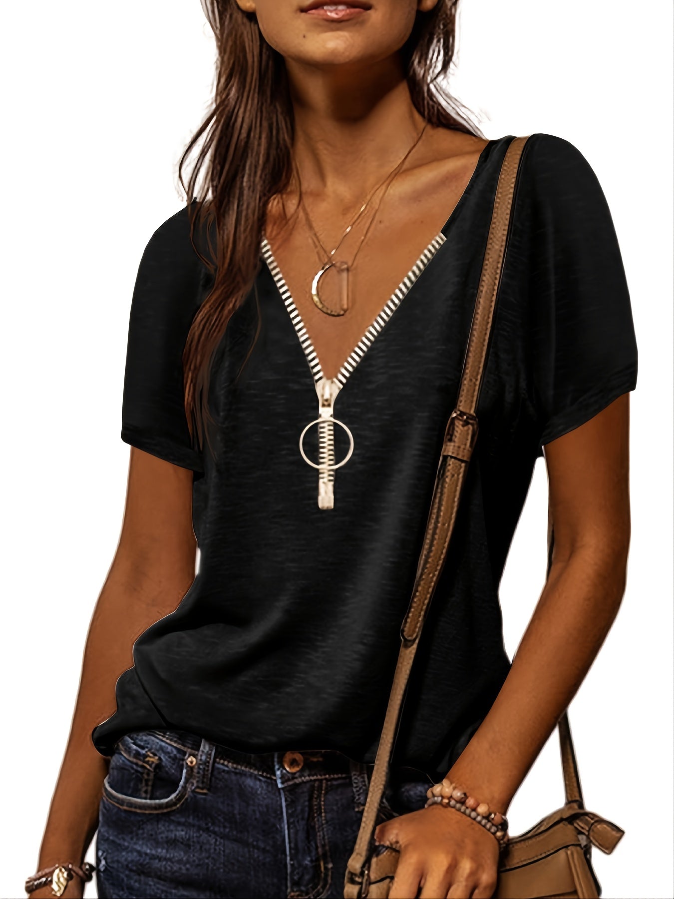 Vzyzv Casual V-neck Zipper T-shirt, Loose Short Sleeve Fashion Summer T-Shirts Tops, Women's Clothing