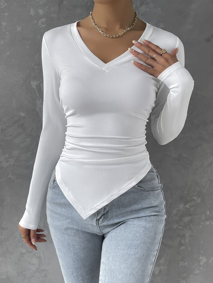 Vzyzv Solid V Neck Ruched Hanky Hem T-Shirt, Casual Long Sleeve Top For Spring & Fall, Women's Clothing