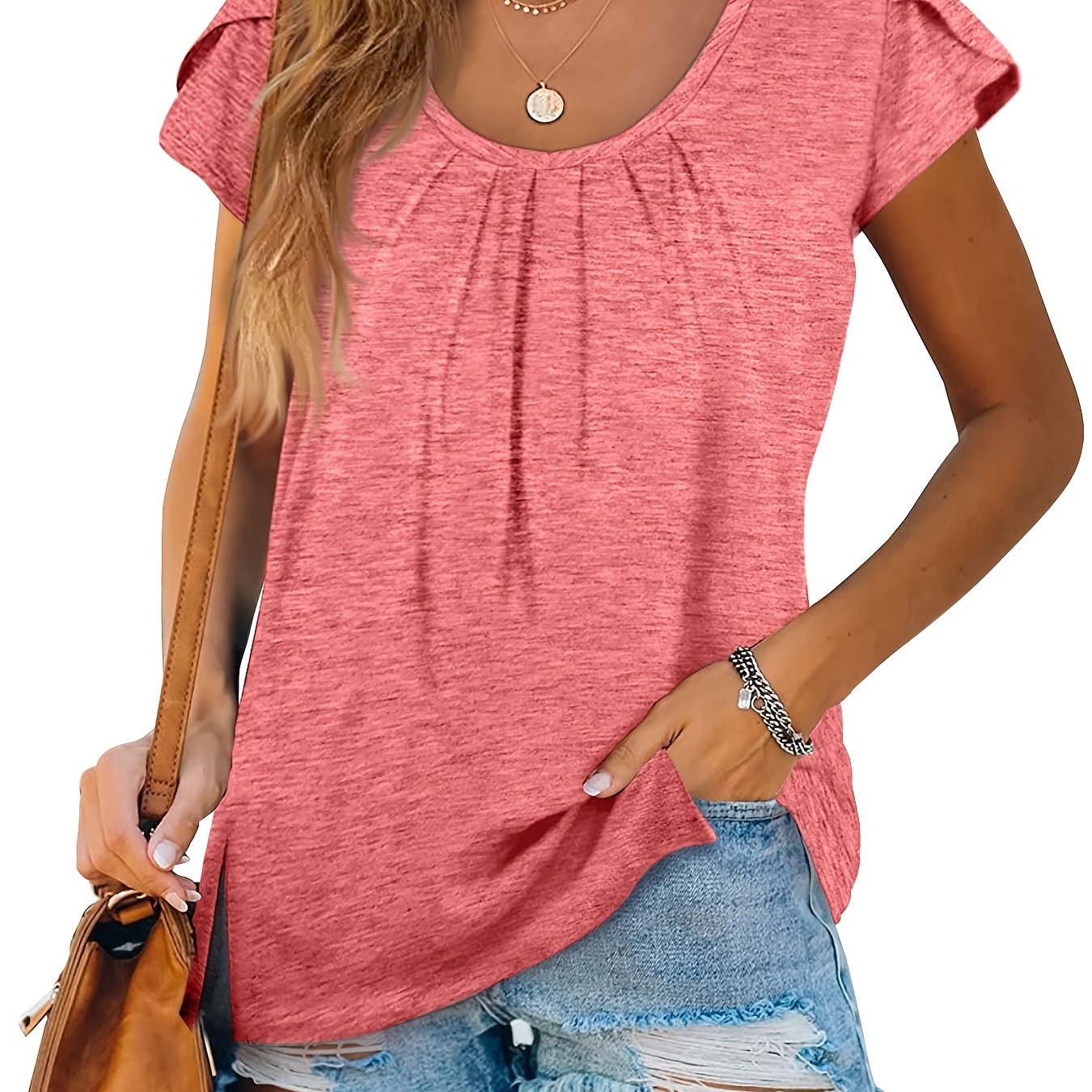 Vzyzv Petal Sleeve Split Hem T-shirt, Casual Crew Neck Solid Ruched T-shirt, Women's Clothing