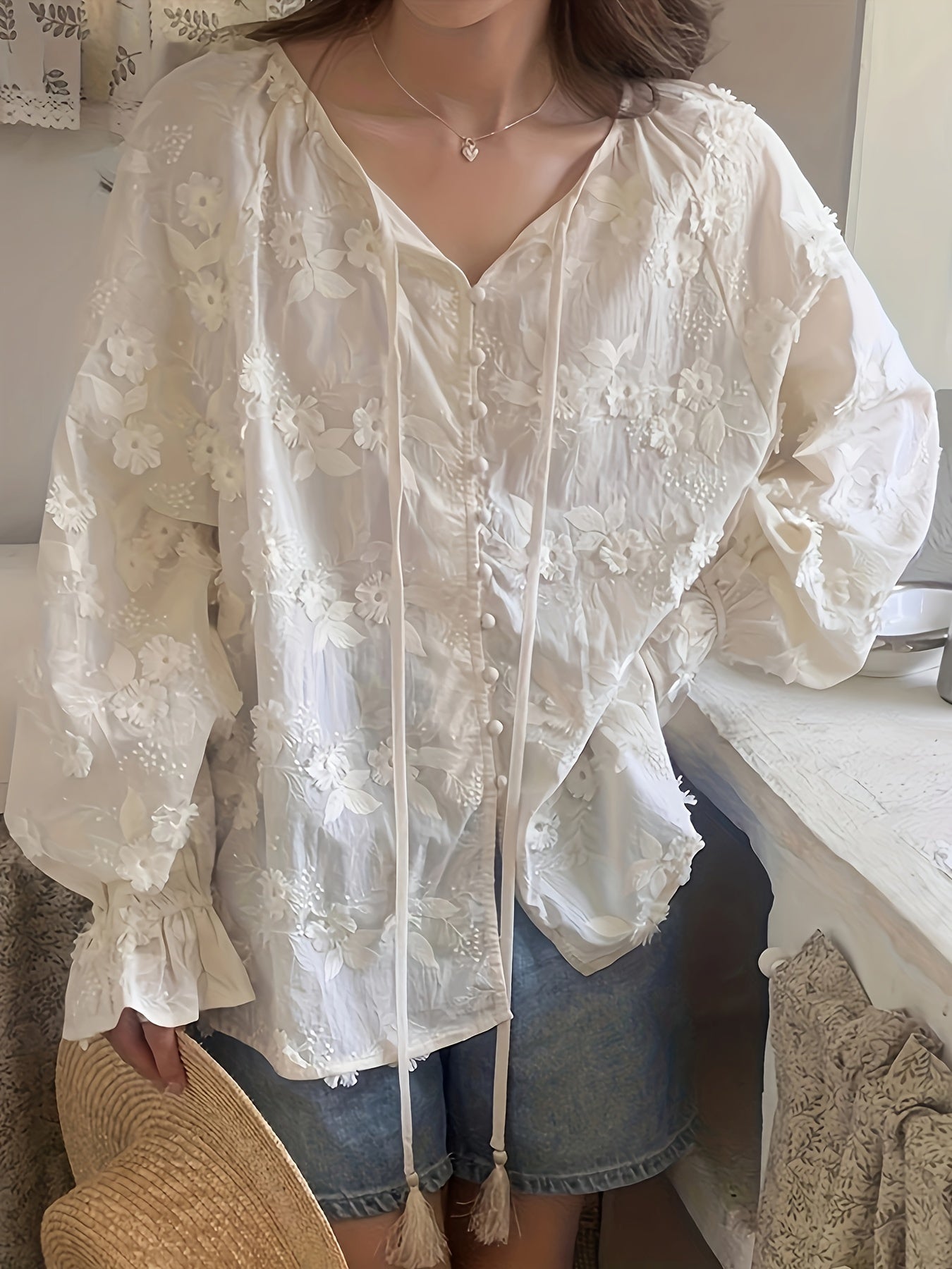 Vzyzv Floral Embroidered Blouse, Elegant Drawstring Long Sleeve Blouse, Women's Clothing