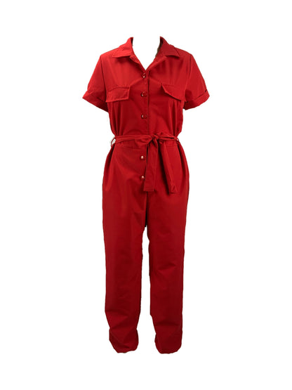 Vzyzv Y2K Solid Lapel Button Down Short Sleeve Tie Waist Cargo Jumpsuit, Casual Long Length Pockets Rompers Overalls, Women's Clothing