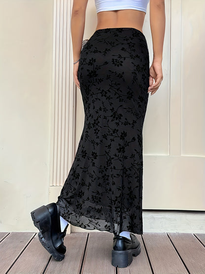 Vzyzv Floral Jacquard Irregular Hem Skirt, Casual High Waist Ankle Length Skirt, Women's Clothing