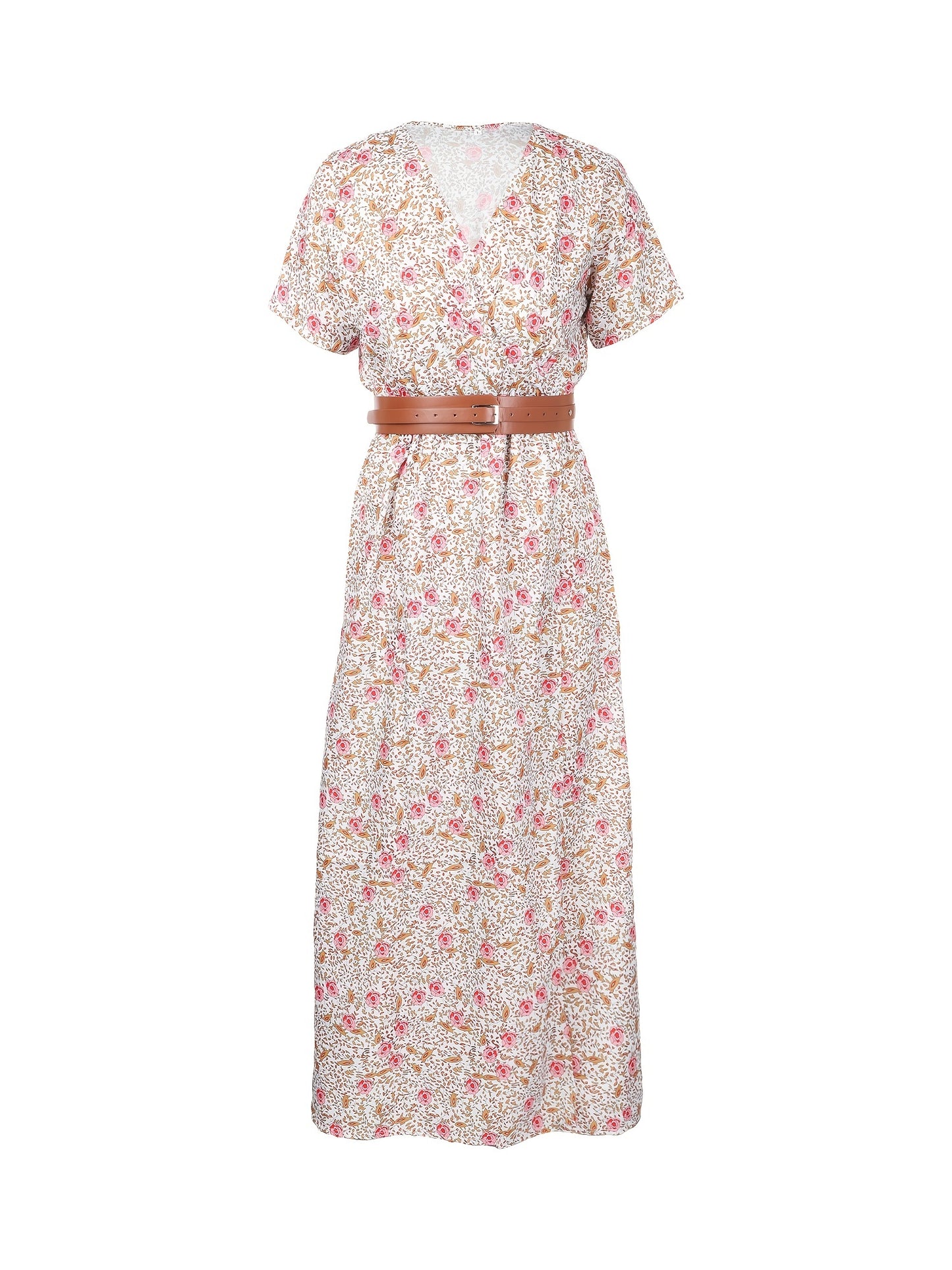 VzyzvBoho Floral Print Dress, V Neck Short Sleeve Belted Maxi Dress, Women's Clothing