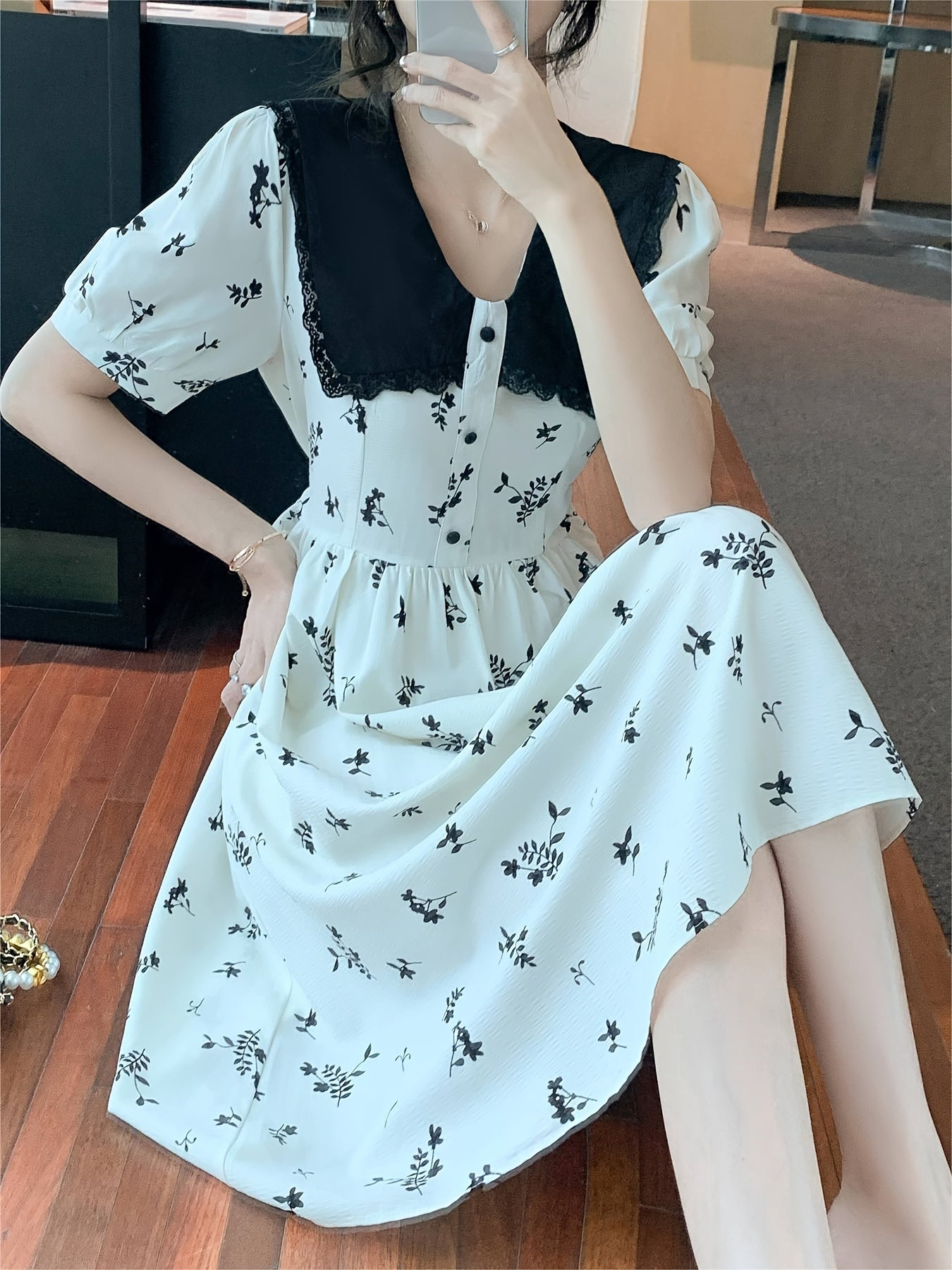 Vzyzv Floral Print Doll Collar Dress, Elegant Short Sleeve Waist Slimming Skinny Dress For Summer, Women's Clothing