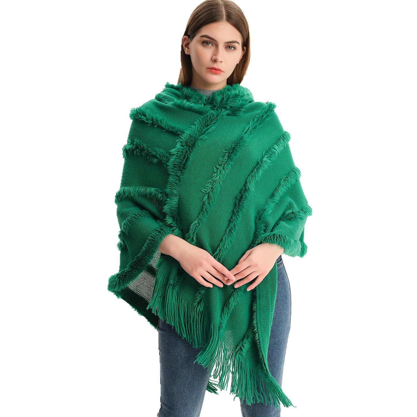 Vzyzv Loose Knit Hooded Pullover Poncho Large Solid Color Batwing Tassel Shawl Autumn Winter Travel Outside Windproof Cape