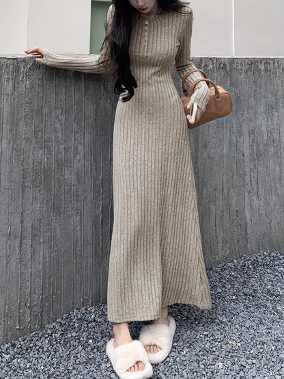 Vzyzv Button Front Lapel Neck Ribbed Dress, Chic Solid Color Long Sleeve Dress For Fall & Winter, Women's Clothing