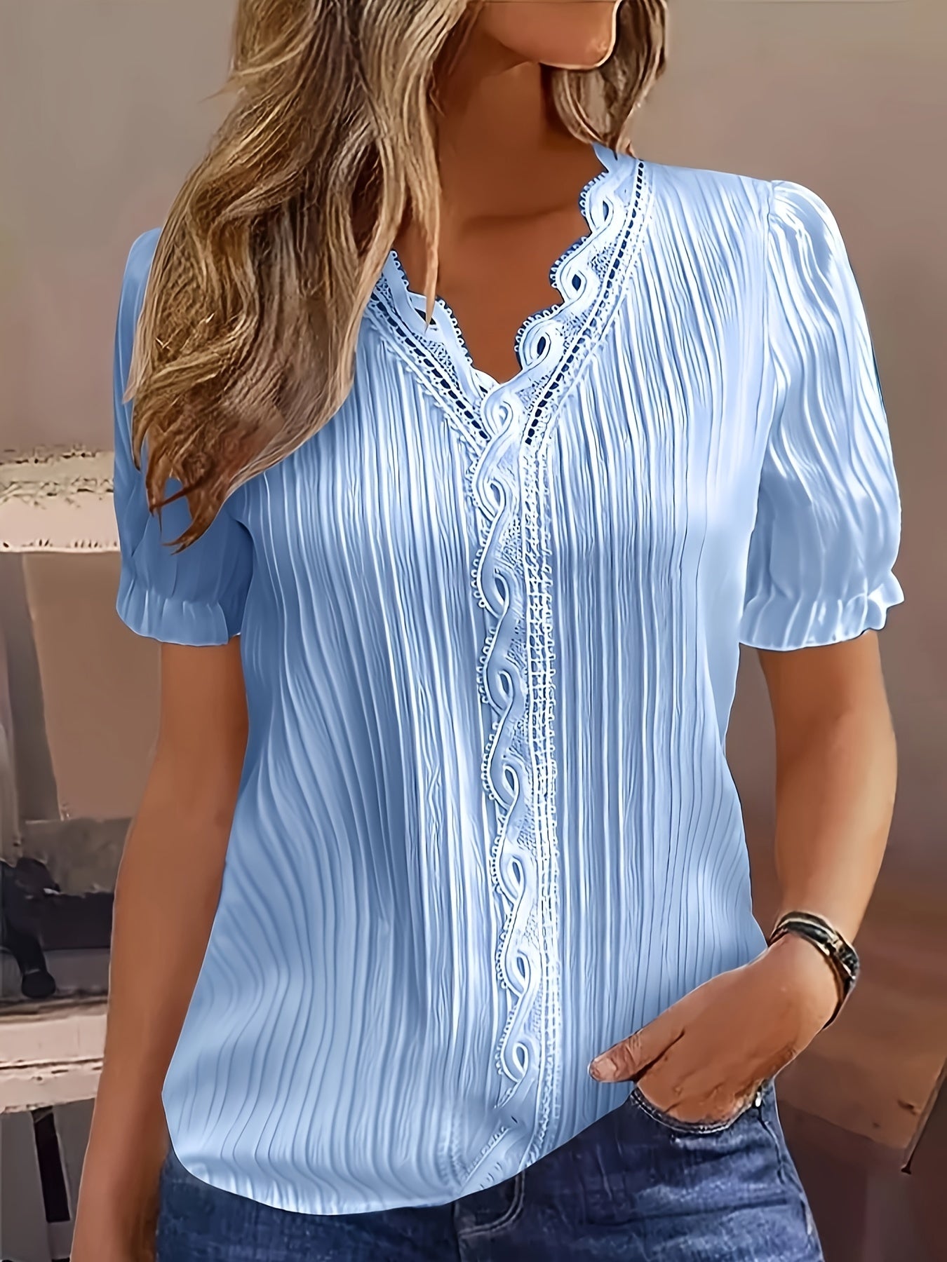 Vzyzv Vzyzv Romildi Romildi Romildi Lace Trim Solid Blouse, Elegant V-neck Short Sleeve Blouse, Women's Clothing