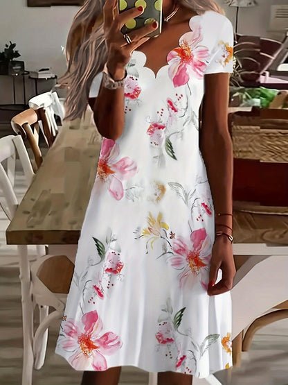 Vzyzv Scallop Trim Random Floral Print Dress, Casual V Neck Short Sleeve Dress, Women's Clothing