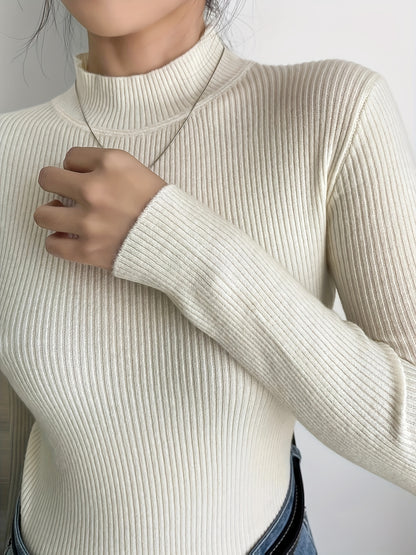 Vzyzv High Neck Rib Knit Sweater, Casual Solid Long Sleeve Sweater, Women's Clothing