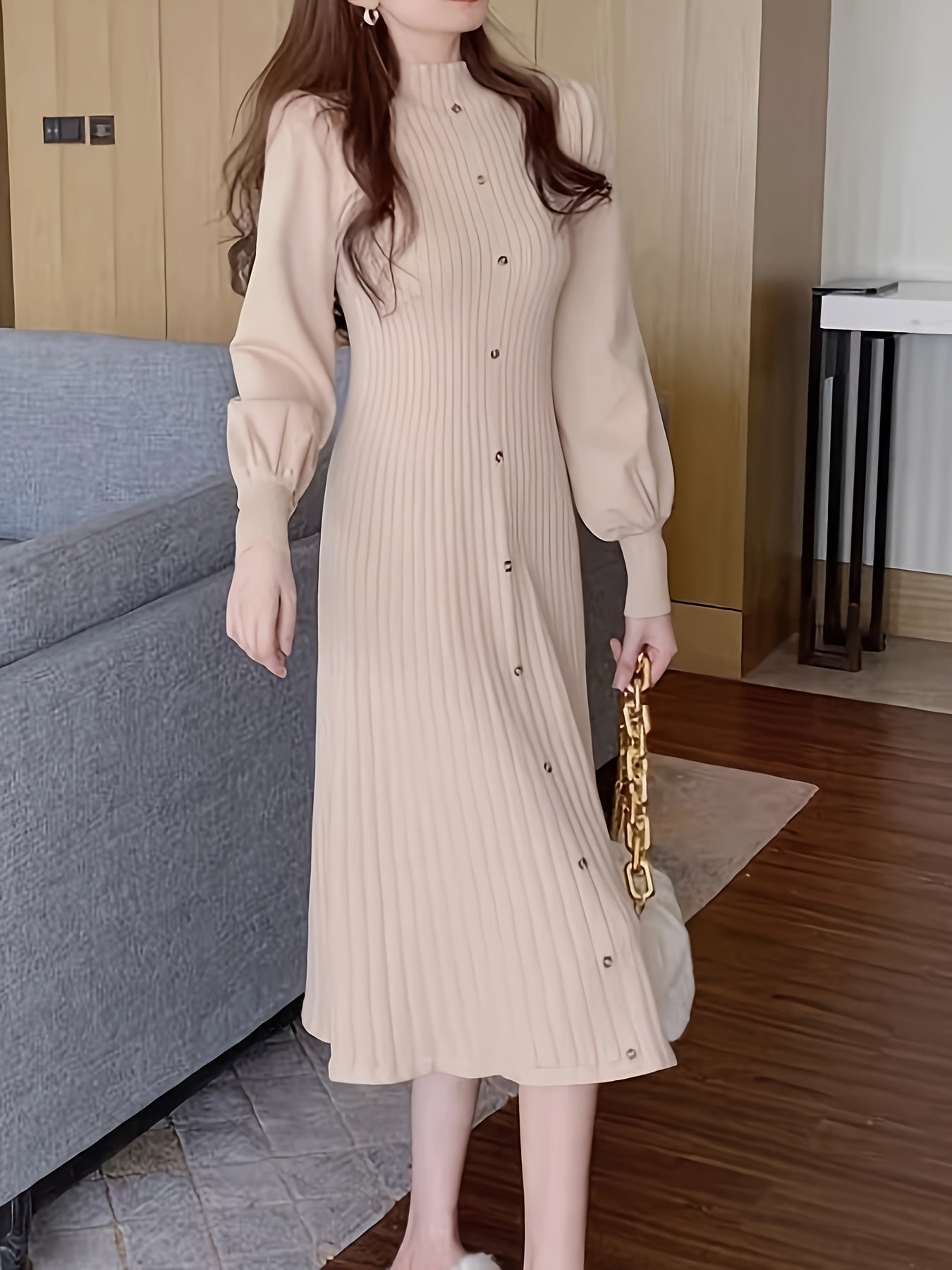 Vzyzv Ribbed Mock Neck Dress, Casual Button Front Long Lantern Sleeve Dress, Women's Clothing