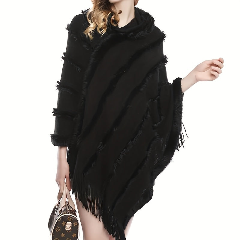 Vzyzv Loose Knit Hooded Pullover Poncho Large Solid Color Batwing Tassel Shawl Autumn Winter Travel Outside Windproof Cape