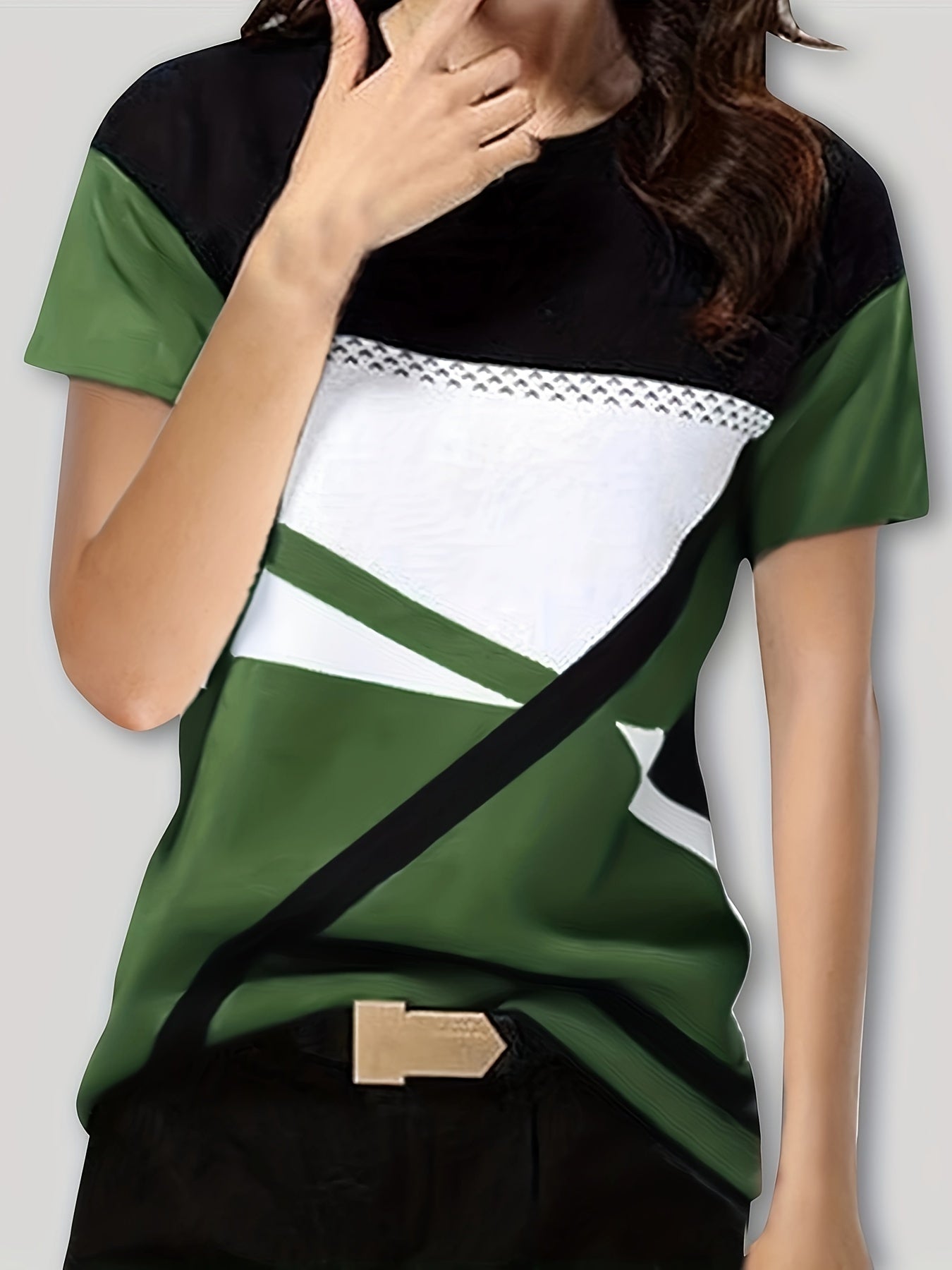 Vzyzv Geo Print Color  Block T-Shirt, Casual Crew Neck Short Sleeve T-Shirt For Spring & Summer, Women's Clothing