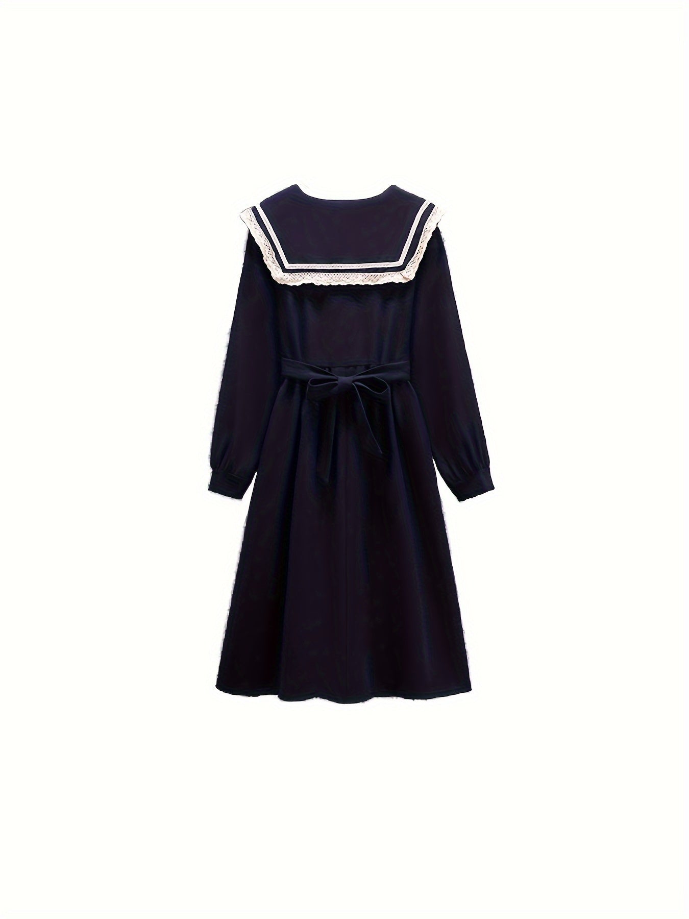 Vzyzv Contrast Trim Sailor Collar Belted Dress, Preppy Long Sleeve Ruffle Hem Aline Dress For Spring & Fall, Women's Clothing