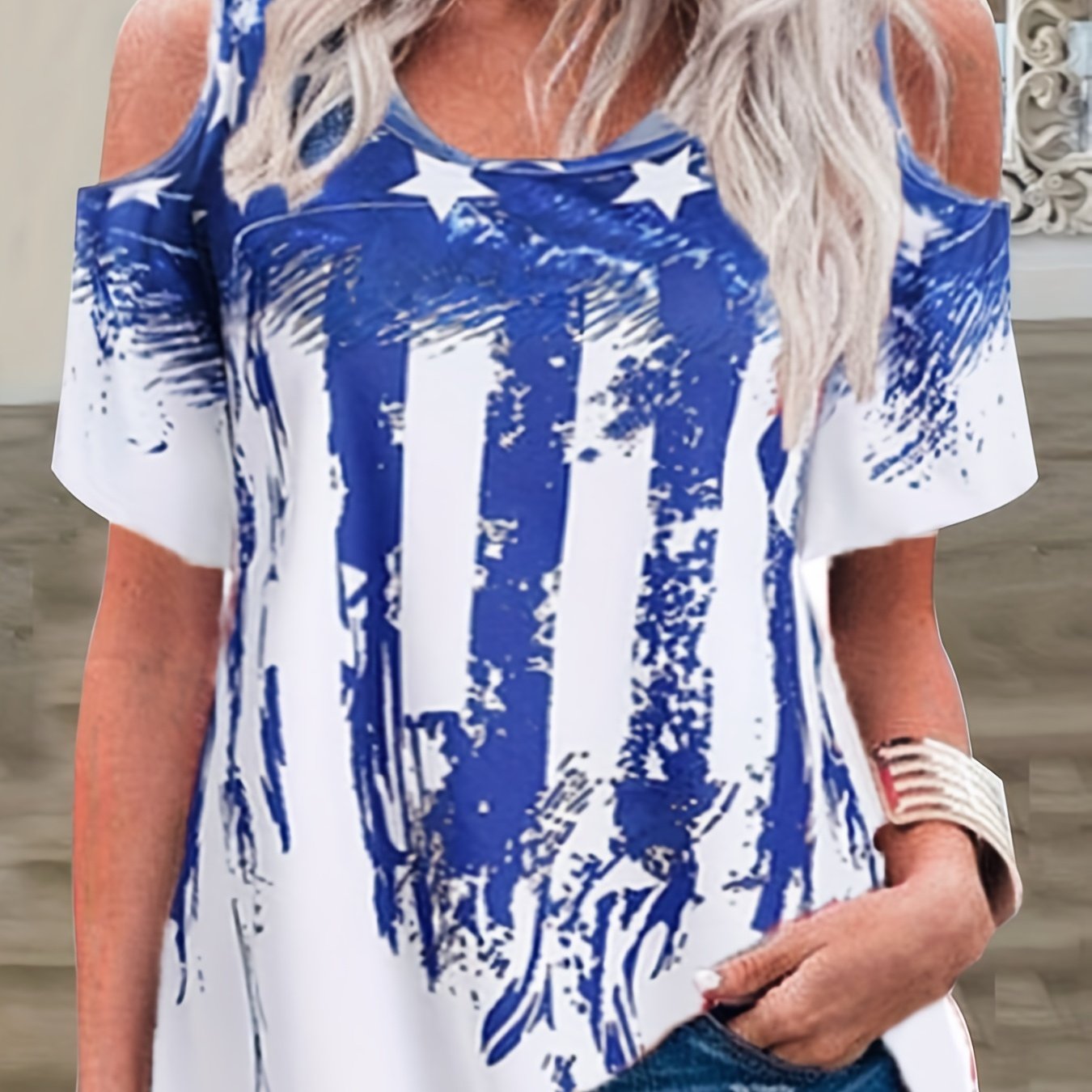 Vzyzv Flag Print Cold Shoulder T-Shirt, Casual Crew Neck Short Sleeve T-Shirt For Spring & Summer, Women's Clothing