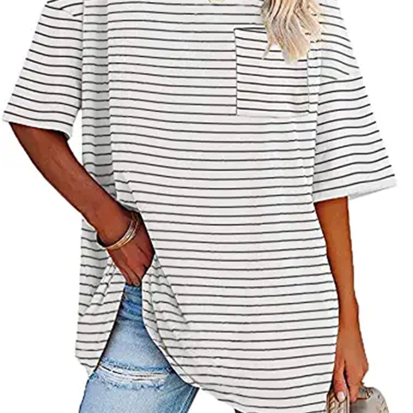 Vzyzv Women's T-Shirt Casual Striped Oversized Short Sleeve Crew Neck Loose T-Shirt