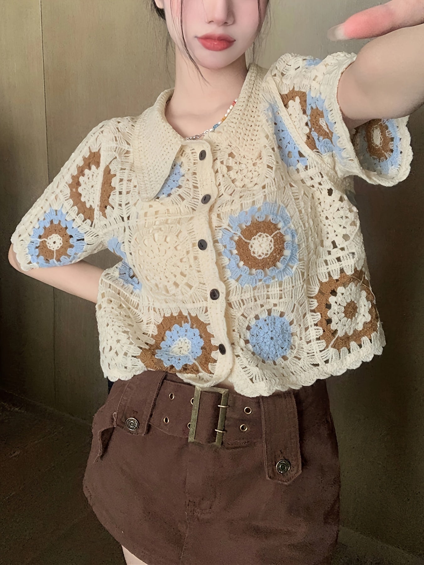Vzyzv Graphic Pattern Hollow Crochet Cardigan, Vintage Button Up Short Sleeve Stylish Top, Women's Clothing