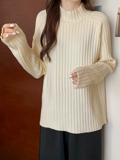 Vzyzv Solid Mock Neck Rib Knit Sweater, Casual Long Sleeve Thick Versatile Sweater, Women's Clothing