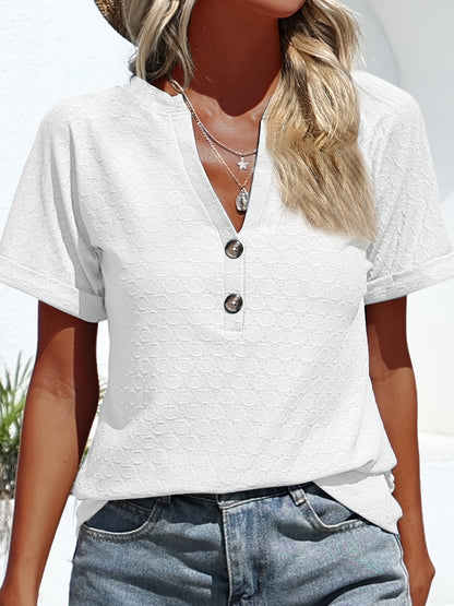 Vzyzv Eyelet Button Front V Neck T-Shirt, Casual Short Sleeve Top For Spring & Summer, Women's Clothing