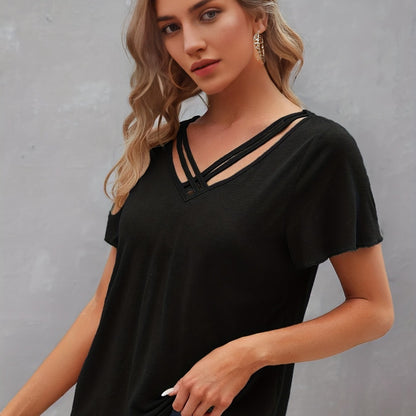 Vzyzv Criss Cross V Neck T-shirt, Casual Short Sleeve Summer Simple T-shirt, Women's Clothing